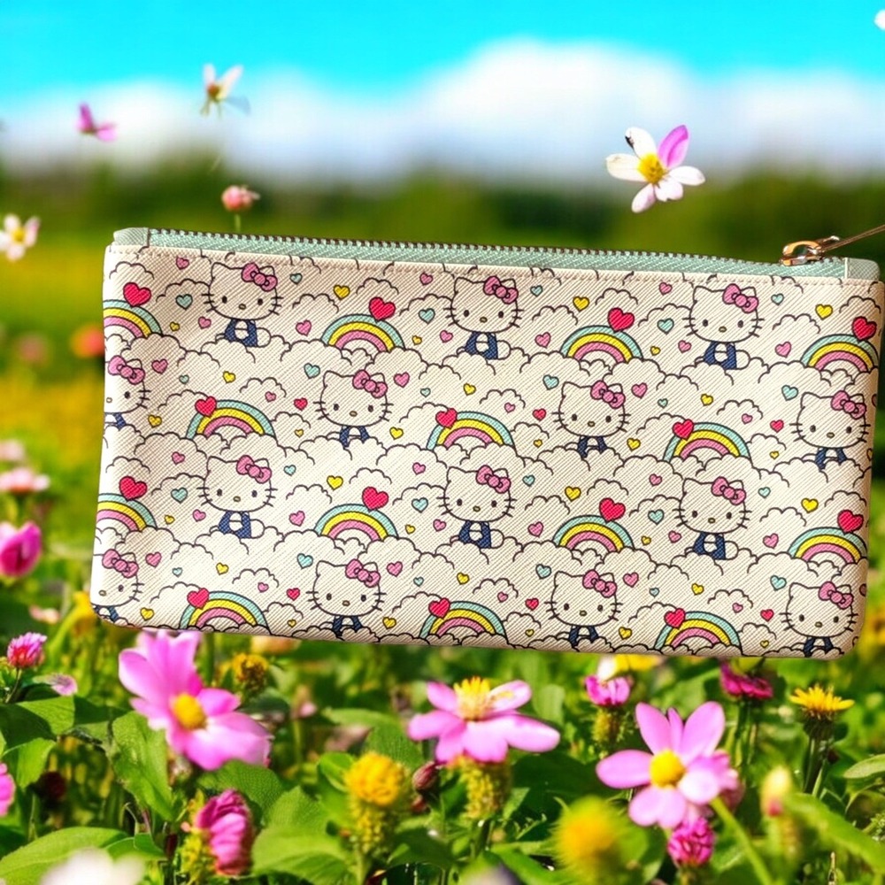 2024 Sanrio Hello‎ Kitty White  Pencil Pouch Case Zipper Lined Rainbows Hearts